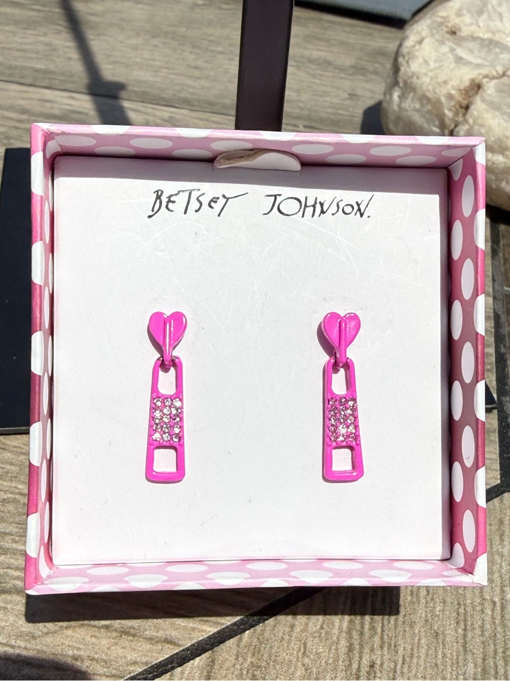Betsey Johnson Hot Pink Heart & Zipper Rhinestone Drop Earrings
